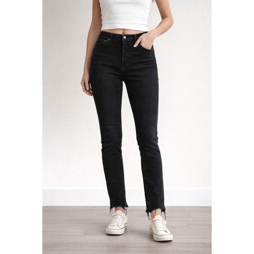 Reformation High Rise Skinny Jeans Faded Black Button Fly Raw Hem Size 26